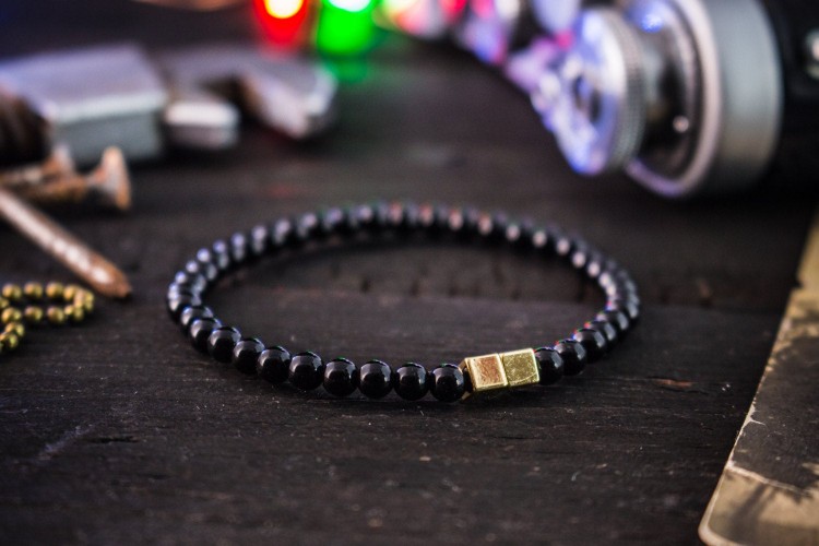 Noyan - 4mm - Black Onyx Beaded Stretchy Bracelet with Gold Cubic Beads from STRAPSANDBRACELETS