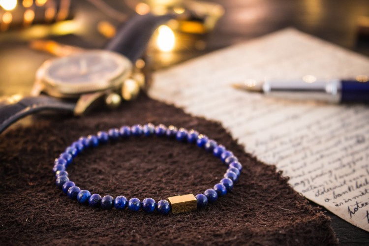 Fredrik - 4mm - Blue Lapis Lazuli Beaded Stretchy Bracelet with Gold Cube Beads from STRAPSANDBRACELETS