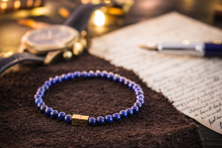 Fredrik - 4mm - Blue Lapis Lazuli Beaded Stretchy Bracelet with Gold Cube Beads from STRAPSANDBRACELETS