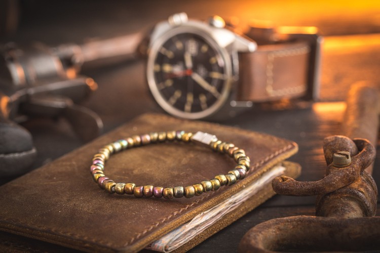 Fayzan - 4mm - Bronze Iris Beaded Stretchy Bracelet with Silver Cube Beads from STRAPSANDBRACELETS