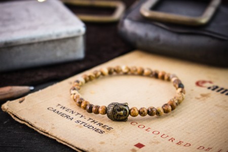 Ryden - 4mm - Brown Jasper Stone Beaded Stretchy Bracelet with Bronze Buddha