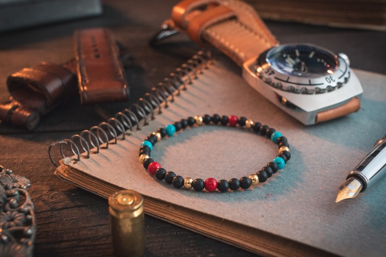 Tate - 4mm - Matte Black Onyx Beaded Stretchy Bracelet with Turquoise & Golden Beads from STRAPSANDBRACELETS