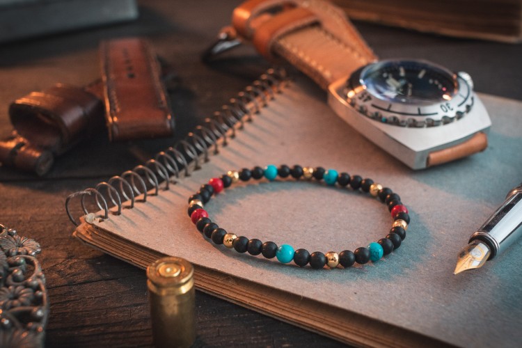 Tate - 4mm - Matte Black Onyx Beaded Stretchy Bracelet with Turquoise & Golden Beads from STRAPSANDBRACELETS