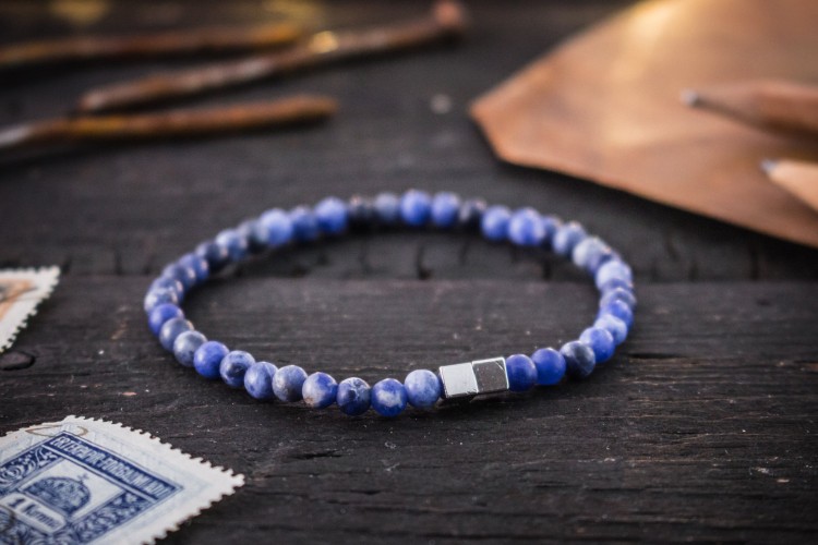 Nikodem - 4mm - Matte Blue Sodalite Beaded Stretchy Bracelet with Silver Cube Beads from STRAPSANDBRACELETS