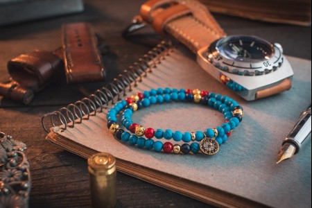 Tiago - 4mm - Matte Turquoise Beaded Stretchy Bracelet With Red, Blue & Golden Beads