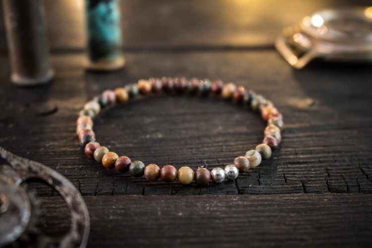 Shuo - 4mm - Picasso Jasper Beaded Stretchy Bracelet with S925 Silver Beads from STRAPSANDBRACELETS