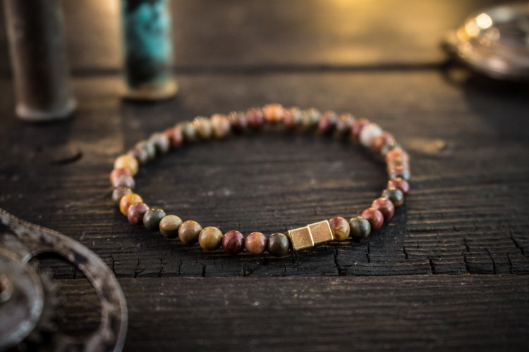 Layton - 4mm - Autumn Color Picasso Jasper Beaded Stretchy Bracelet With Gold Cube Beads from STRAPSANDBRACELETS