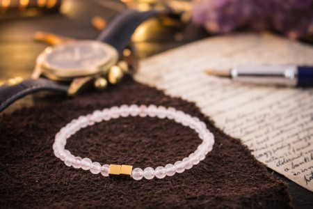 Thiral - 4mm - Rose Quartz Beaded Stretchy Bracelet with Gold Cube Beads