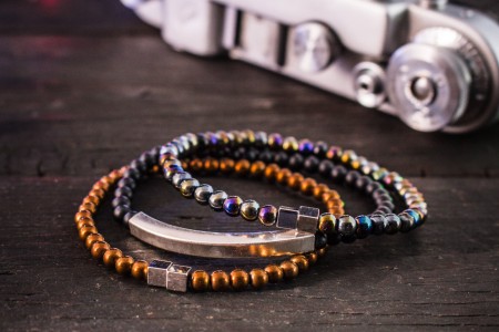 Nevada - Set Of Three - 4mm  Matte Black Onyx, Copper & Multicolor Beaded Stretchy Bracelet Set with Sterling Silver Tube Bead