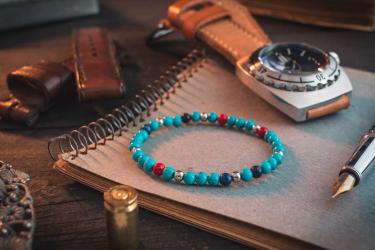 Yordan - 4mm - Turquoise Beaded Stretchy Bracelet with Blue, Red & Silver Beads from STRAPSANDBRACELETS