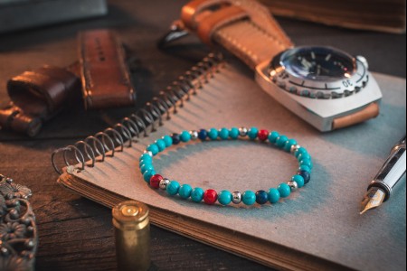 Yordan - 4mm - Turquoise Beaded Stretchy Bracelet with Blue, Red & Silver Beads
