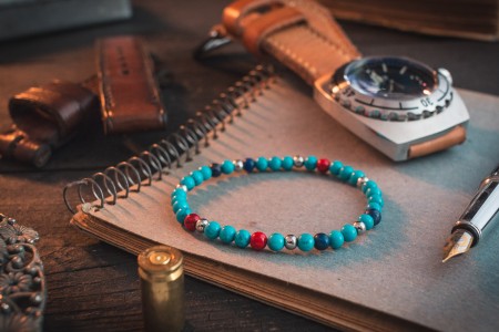 Yordan - 4mm - Turquoise Beaded Stretchy Bracelet with Blue, Red & Silver Beads