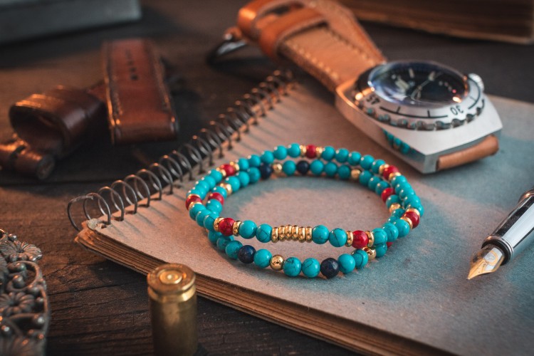 Adas - 4mm - Turquoise Beaded Stretchy Bracelet With Golden Beads from STRAPSANDBRACELETS