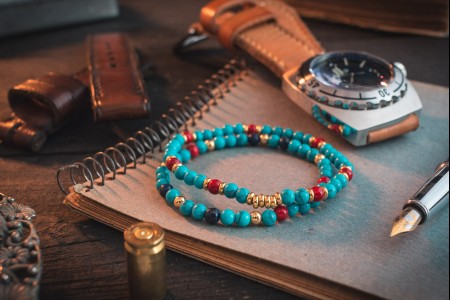 Adas - 4mm - Turquoise Beaded Stretchy Bracelets With Golden Beads