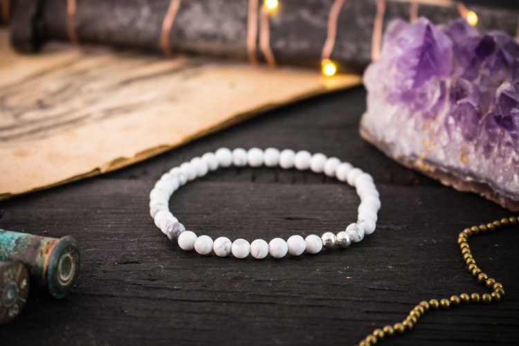 Timur - 4mm - White Howlite Beaded Stretchy Bracelet with Sterling Silver Beads from STRAPSANDBRACELETS