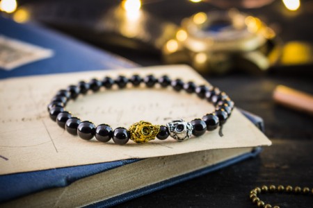Dicaprio - 6mm - Black Onyx Beaded Stretchy Bracelet With Silver and Gold Skull Beads