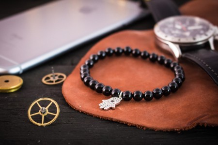 Kelso - 6mm - Black Onyx Beaded Stretchy Bracelet with Silver Micro Pave Hamsa Hand Charm