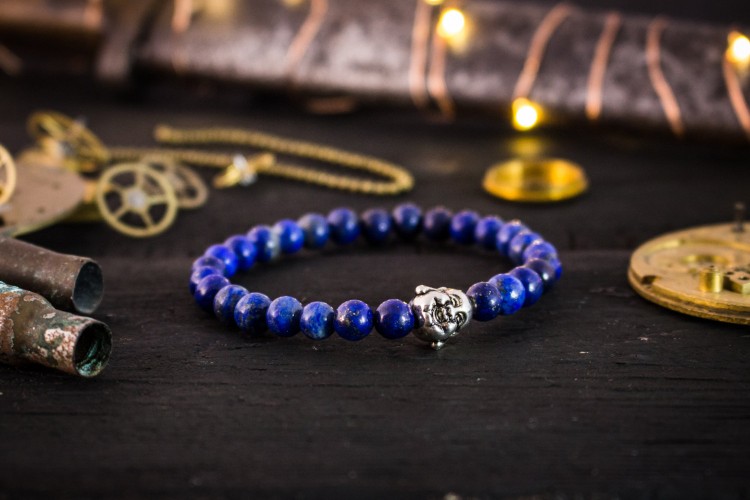Milosz - 6mm - Blue Lapis Lazuli Beaded Stretchy Bracelet With Silver Smiling Buddha from STRAPSANDBRACELETS