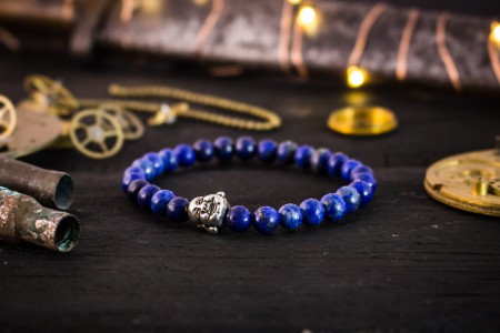 Milosz - 6mm - Blue Lapis Lazuli Beaded Stretchy Bracelet With Silver Smiling Buddha