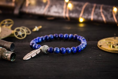 Cole - 6mm - Blue Lapis Lazuli Beaded Stretchy Bracelet With Silver Feather