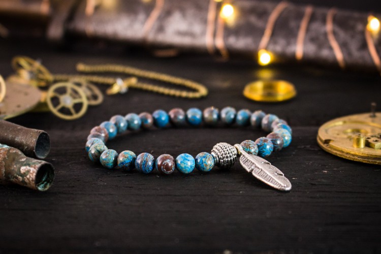 Charli - 6mm - Blue Crazy Lace Agate Beaded Stretchy Bracelet with Silver Feather from STRAPSANDBRACELETS