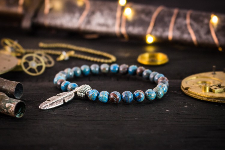 Charli - 6mm - Blue Crazy Lace Agate Beaded Stretchy Bracelet with Silver Feather from STRAPSANDBRACELETS