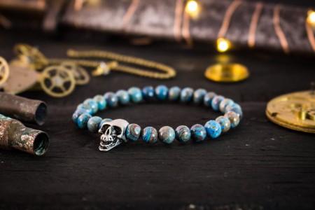 Jock - 6mm - Blue Crazy Lace Agate Beaded Stretchy Bracelet with Silver Skull