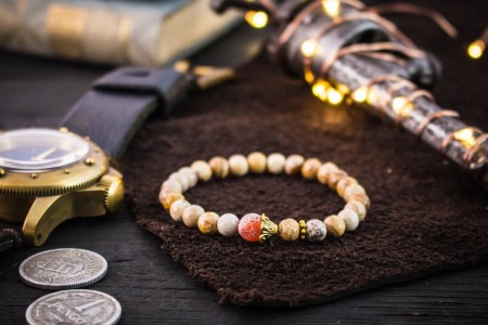 Airith - 6mm - Brown Jasper Stone Beaded Stretchy Bracelet with Gold Beads and Crackle Orange Agate