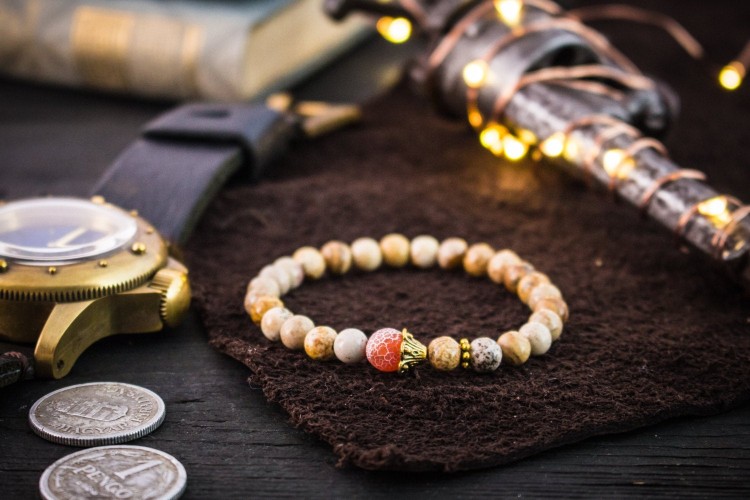 Airith - 6mm - Brown Jasper Stone Beaded Stretchy Bracelet with Gold Beads and Crackle Orange Agate from STRAPSANDBRACELETS