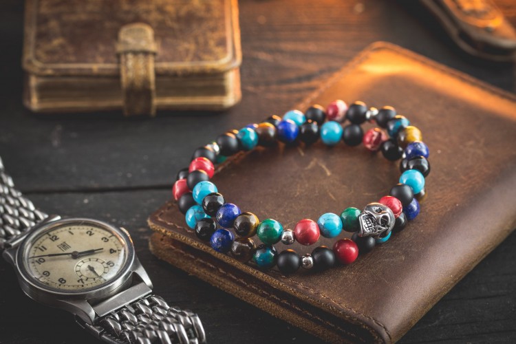 Día De Muertos - 6mm - Various Gemstone Beaded Double Wrap Stretchy Bracelet with Stainless Steel Skull from STRAPSANDBRACELETS