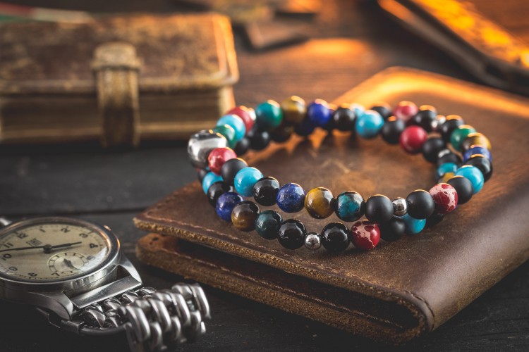 Día De Muertos - 6mm - Various Gemstone Beaded Double Wrap Stretchy Bracelet with Stainless Steel Skull from STRAPSANDBRACELETS