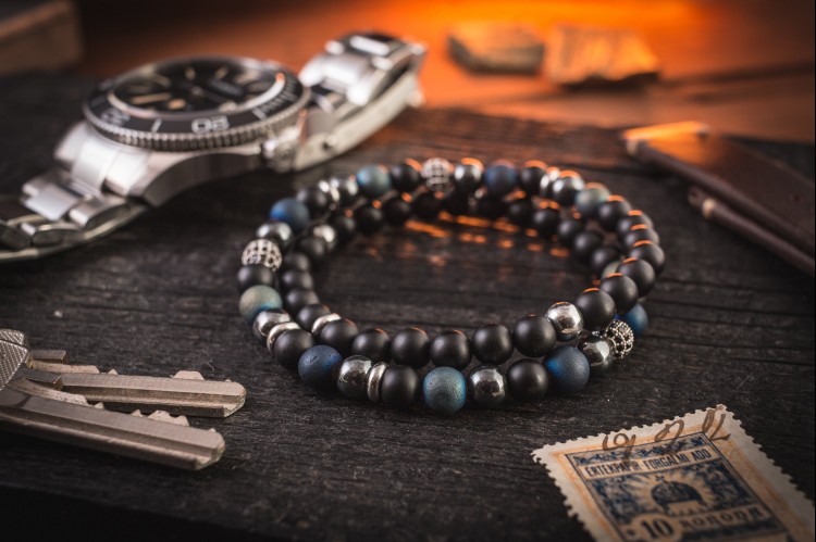 Nikolai - 6mm - Double wrap matte black onyx & blue agate beaded stretchy bracelet with micro pave beads and an antiqued stainless steel cuff from STRAPSANDBRACELETS