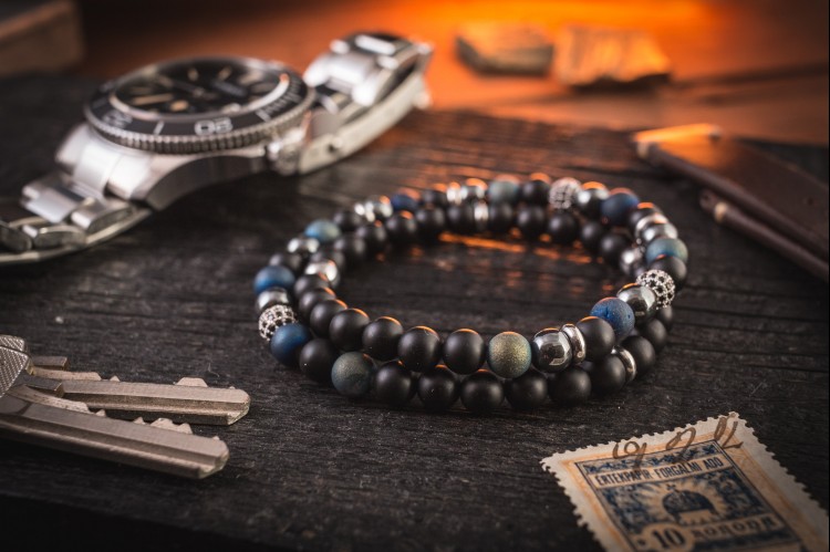 Bence - 6mm - Double Wrap Matte Black Onyx & Blue Agate Beaded Men's Stretchy Bracelet with Micro Pave Beads from STRAPSANDBRACELETS