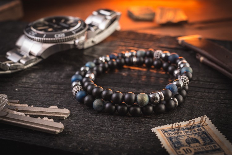 Bence - 6mm - Double Wrap Matte Black Onyx & Blue Agate Beaded Men's Stretchy Bracelet with Micro Pave Beads from STRAPSANDBRACELETS