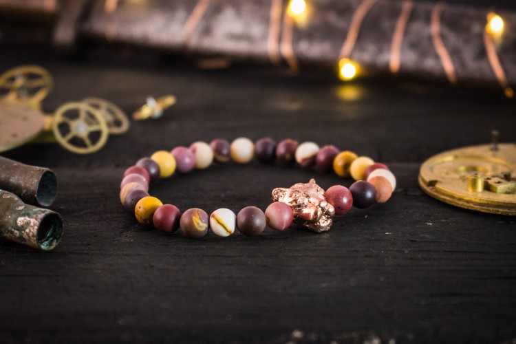Leodhais - 6mm - Frosted Mookaite Beaded Stretchy Bracelet with Rose Gold Leopard from STRAPSANDBRACELETS