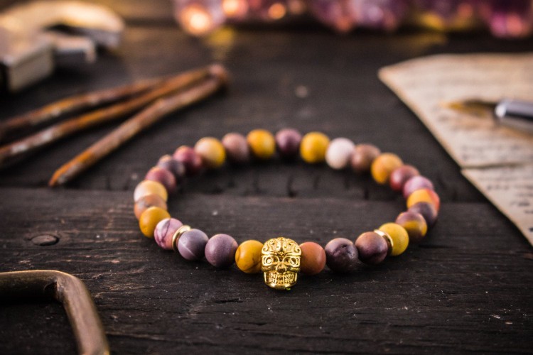 Caeben - 6mm - Frosted Mookaite Beaded Stretchy Bracelet with Gold Skull from STRAPSANDBRACELETS