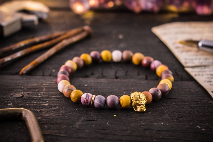 Caeben - 6mm - Frosted Mookaite Beaded Stretchy Bracelet with Gold Skull from STRAPSANDBRACELETS
