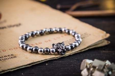 Torcuil - 6mm - Hematite And Silver Plated Hematite Beaded Stretchy Bracelet with Gunmetal Black Leopard