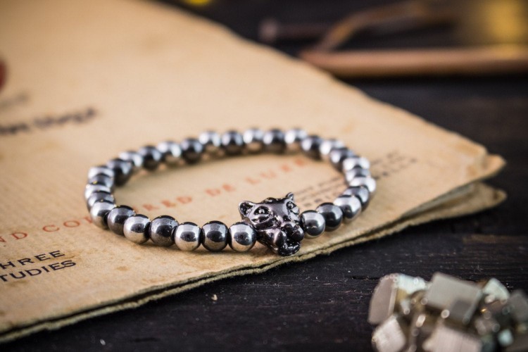 Torcuil - 6mm - Hematite And Silver Plated Hematite Beaded Stretchy Bracelet with Gunmetal Black Leopard from STRAPSANDBRACELETS