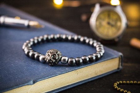 Oluwakorede - 6mm - Hematite Beaded Stretchy Bracelet with Gun Metal Black Lion & Silver Plated Hematite Beads