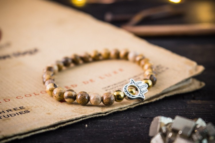 Baillie - 6mm - Jasper Stone Hamsa Hand Stretchy Bracelet with Gold Plated Hematite Beads from STRAPSANDBRACELETS