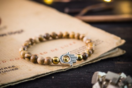 Baillie - 6mm - Jasper Stone Hamsa Hand Stretchy Bracelet with Gold Plated Hematite Beads