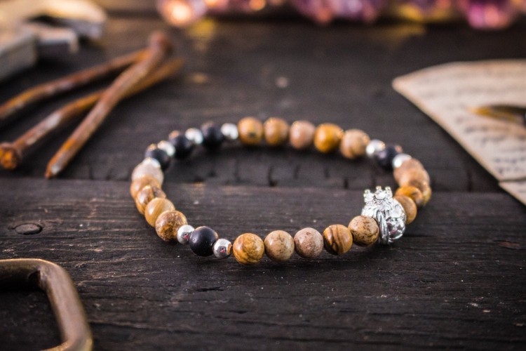 Caie - 6mm -  Jasper Stone & Matte Black Onyx Beaded Stretchy Bracelet with Sterling Silver Lion And Beads from STRAPSANDBRACELETS