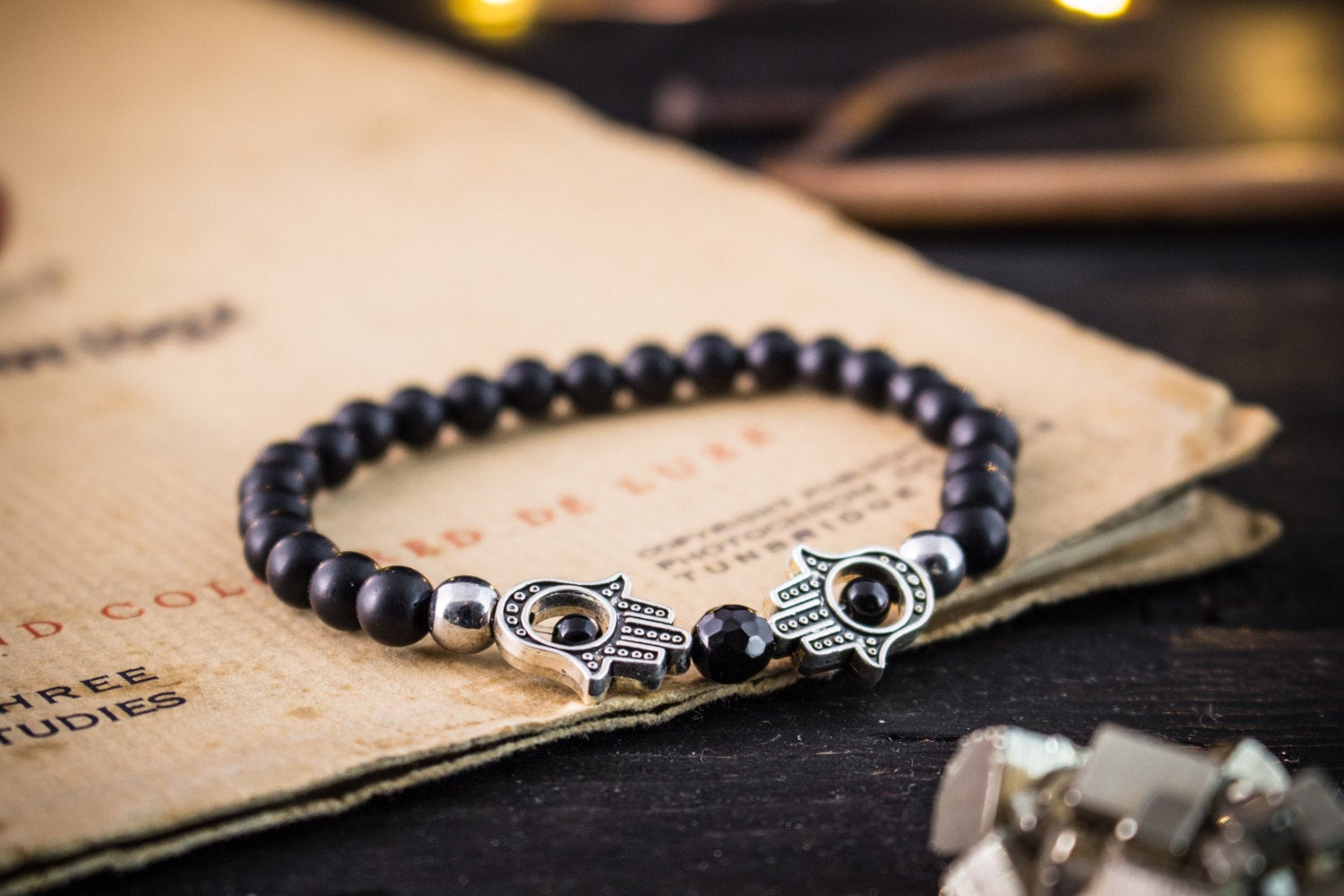 Luxury Men's Bracelet Set Natural Tiger Eye & Black Onyx Beads | Jfm, 6.7 (17cm)