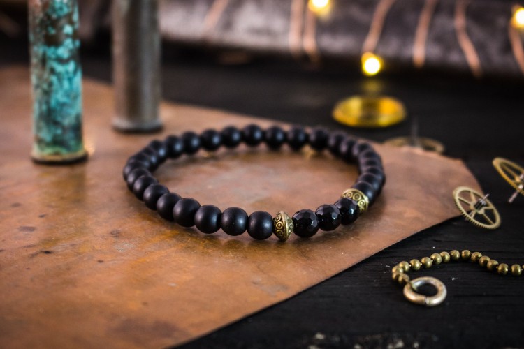 Mihai - 6mm - Matte Black & Faceted Shiny Onyx Beaded Stretchy Bracelet with Bronze Accents from STRAPSANDBRACELETS
