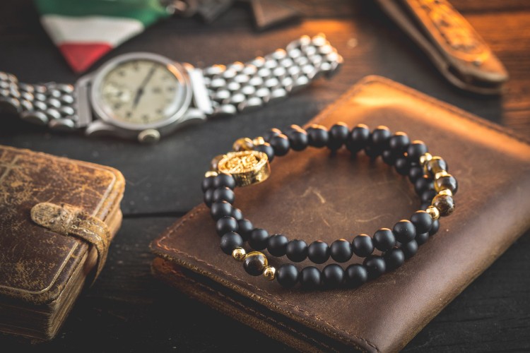 Assem - 6mm - Double Wrap Matte Black Onyx Beaded Stretchy Bracelet with 18k Gold Plated Steel Beads from STRAPSANDBRACELETS