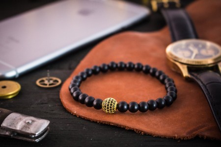 Duncan - 6mm - Matte Black Onyx Beaded Stretchy Bracelet with Gold Micro Pave Ball Charm