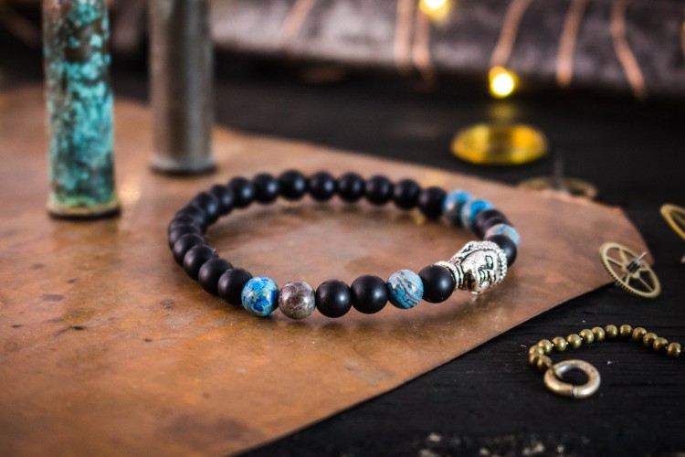 Daragh - 6mm - Matte Black Onyx & Blue Crazy Lace Agate Beaded Stretchy Bracelet with Silver Buddha from STRAPSANDBRACELETS