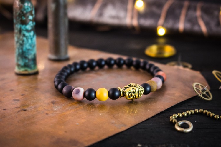 Rivaansh - 6mm - Matte Black Onyx & Frosted Mookaite Beaded Stretchy Bracelet with Gold Buddha from STRAPSANDBRACELETS