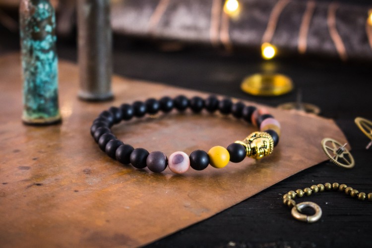 Rivaansh - 6mm - Matte Black Onyx & Frosted Mookaite Beaded Stretchy Bracelet with Gold Buddha from STRAPSANDBRACELETS